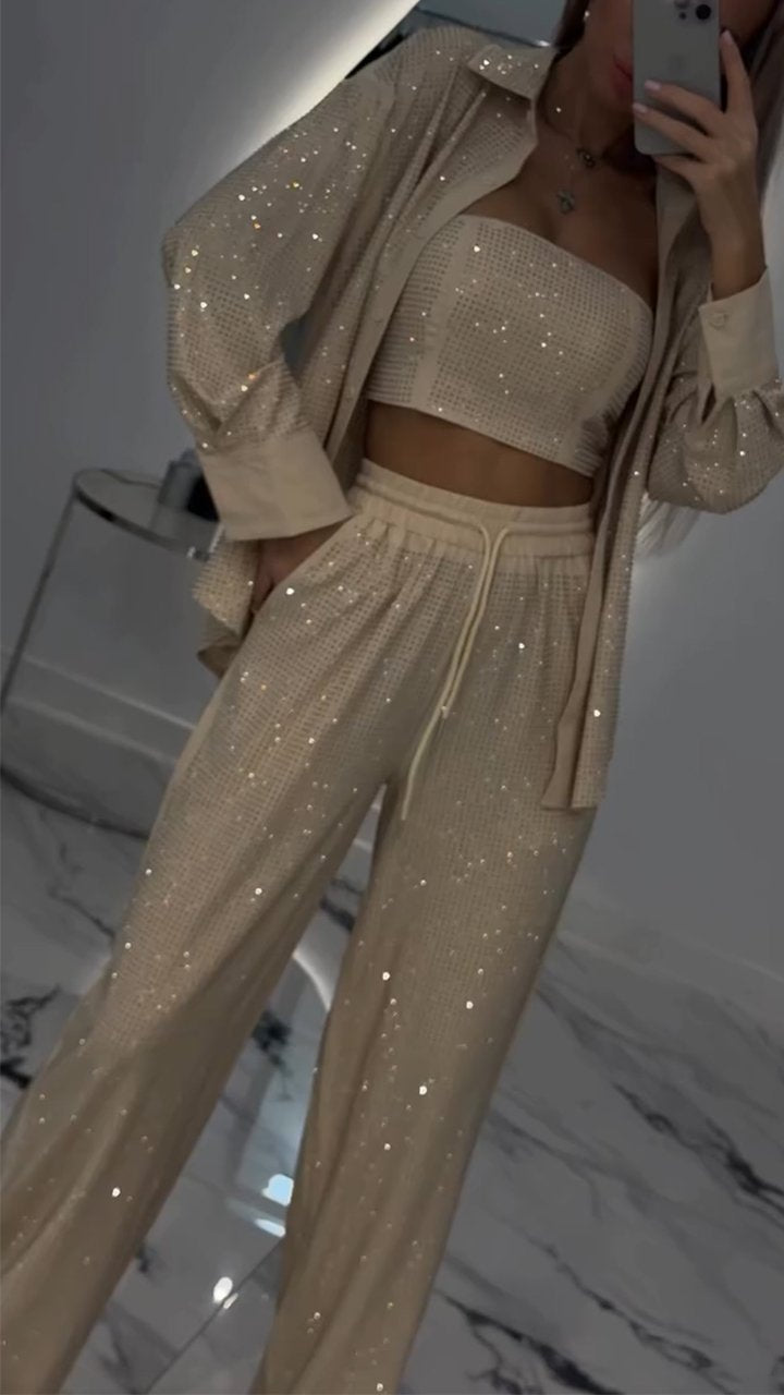Women's lapel rhinestone casual three-piece suit