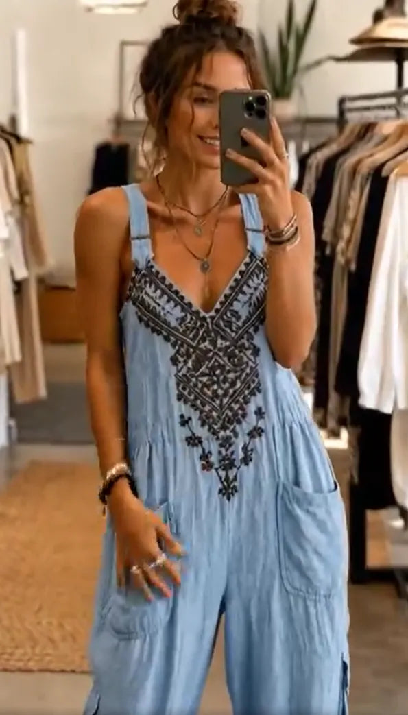 Women's V-neck Sleeveless Wide-leg Jumpsuit