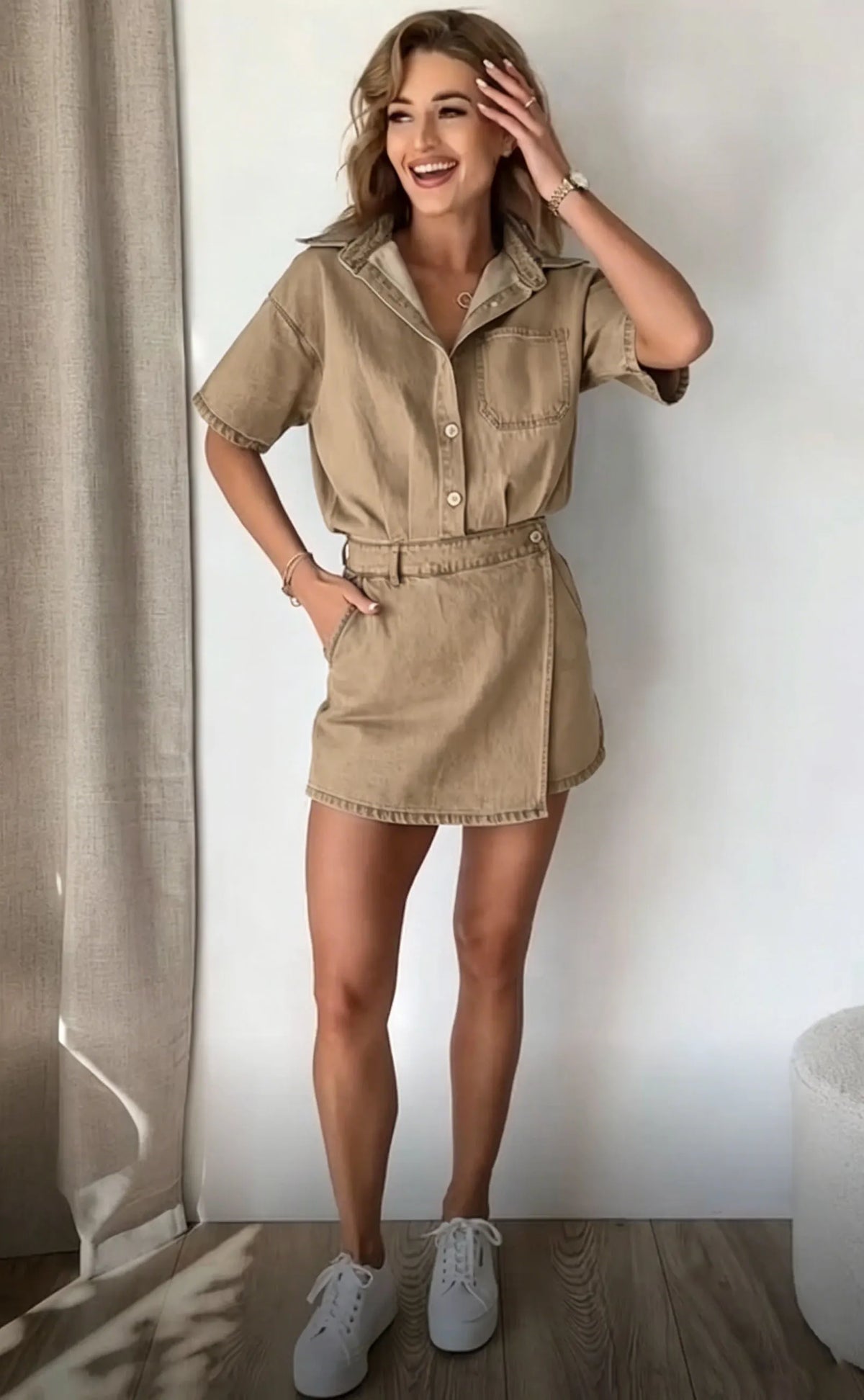 Casual slim fit collared single-breasted denim jumpsuit