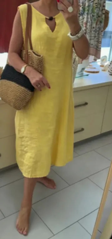Loose-fit casual V-neck sleeveless midi linen dress