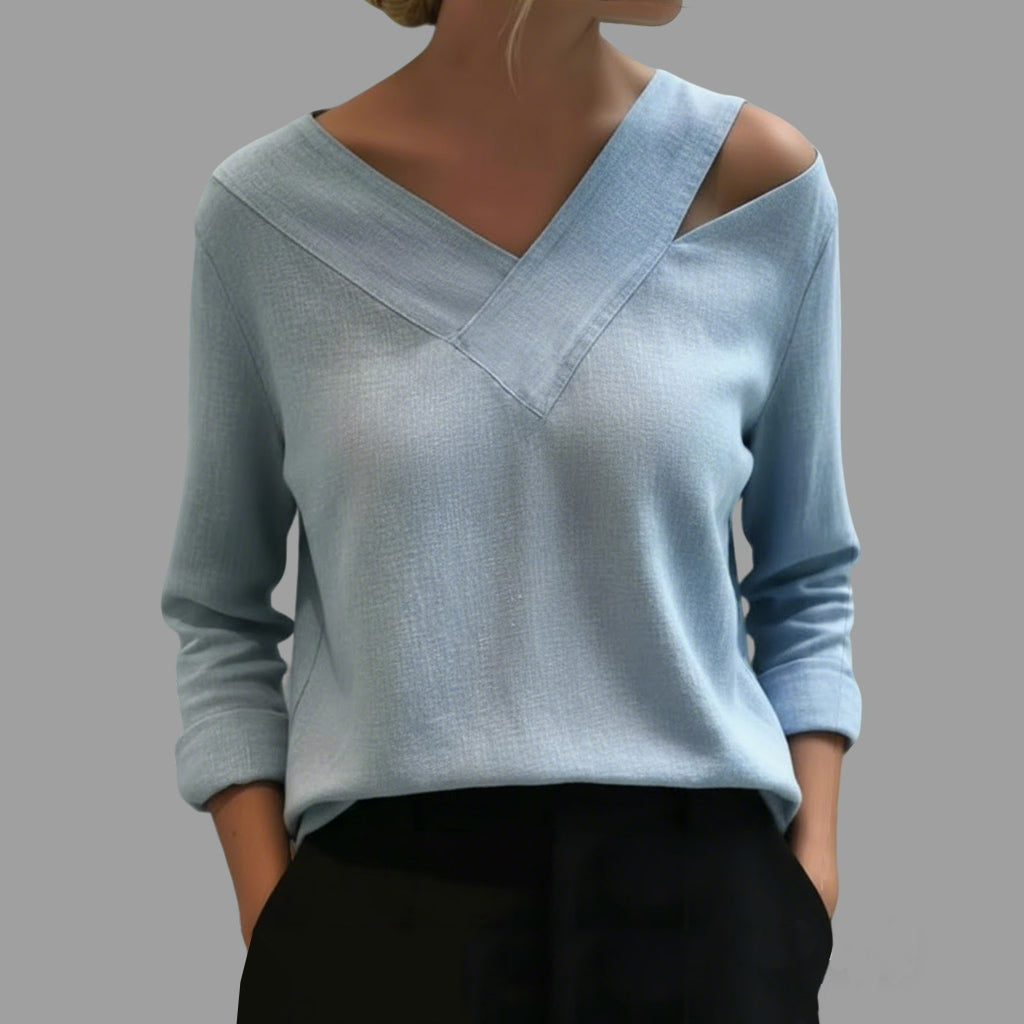 Women's Casual Solid Asymmetrical Cold Shoulder V Neck Long Sleeve Blouses
