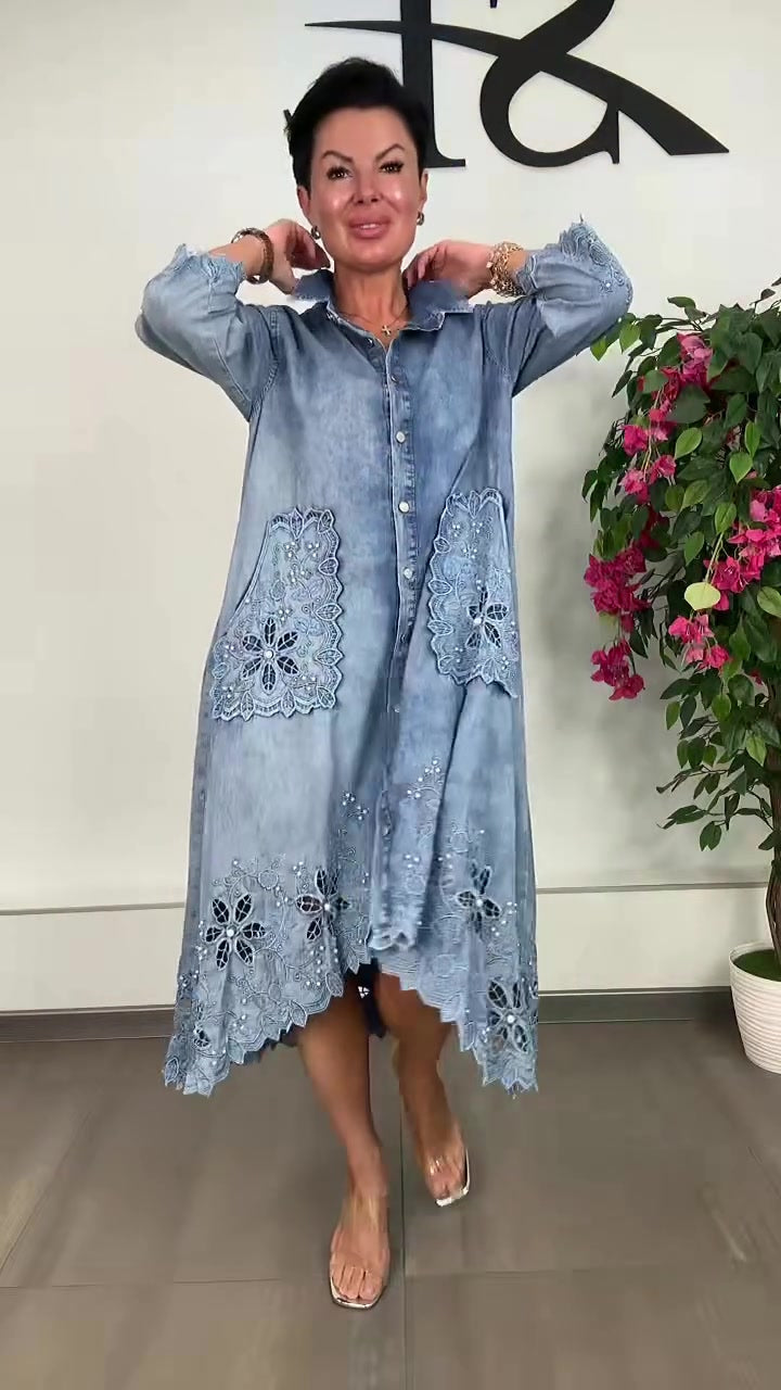 Women's Elegant Floral Cutout Denim Dress
