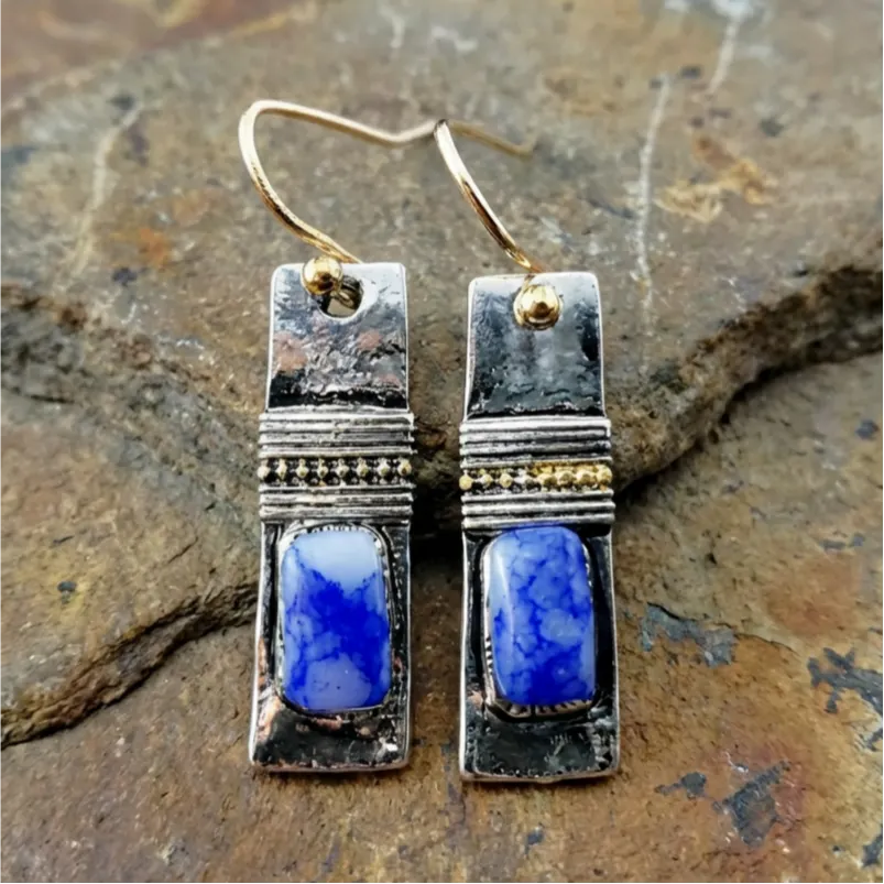 Vintage Blue Patterned Stone Earrings