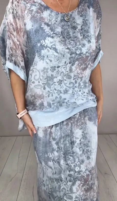 Speckle Print Sheer Half Sleeve Sequin Waist Two Piece Maxi Skirt Set