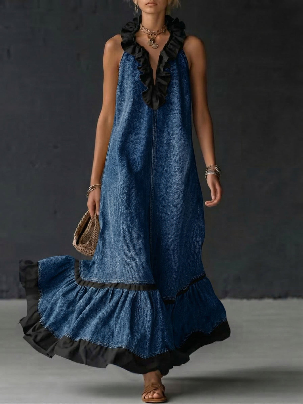 Elegant Color-block Ruffle Casual Dress