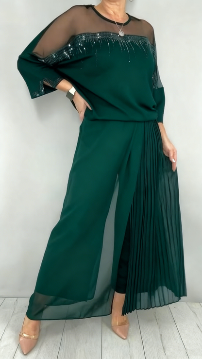 Mesh-paneled round neck top + pleated wide-leg pants set