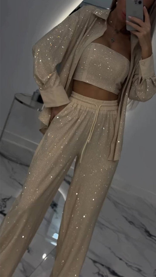 Women's lapel rhinestone casual three-piece suit
