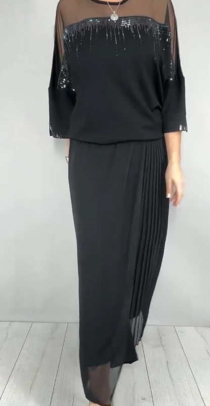 Mesh-paneled round neck top + pleated wide-leg pants set