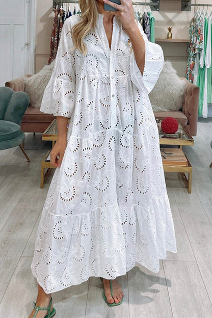 🎁Last day Clearance sale! V Neck Flares Sleeve Embroidery Cotton Dress