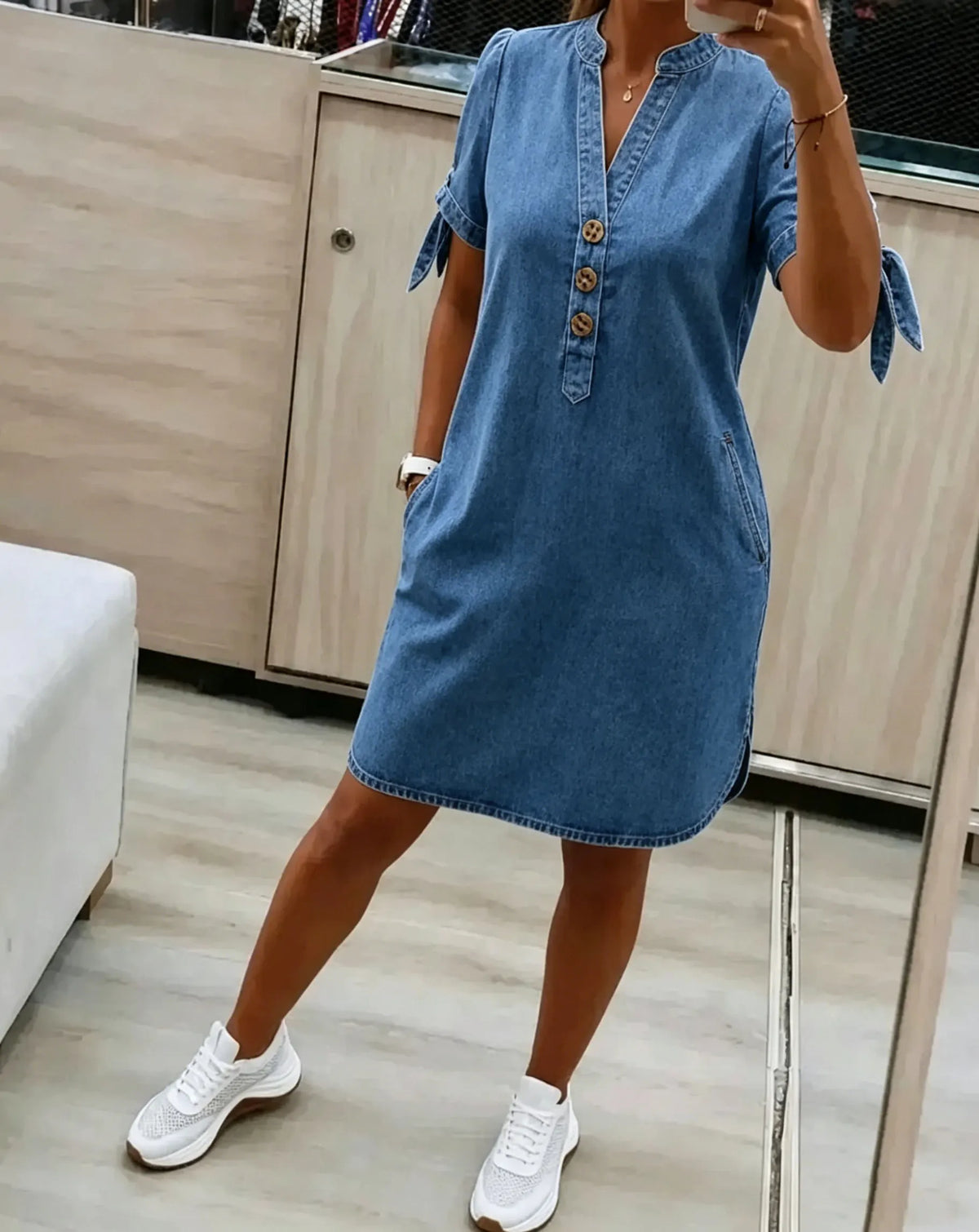 Loose-fitting, flattering, straight-cut midi shirt dress with side pockets