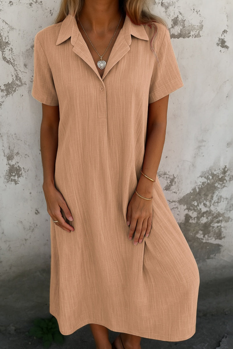 Loose-Fitting Short-Sleeved Cotton And Linen Shirt Dress