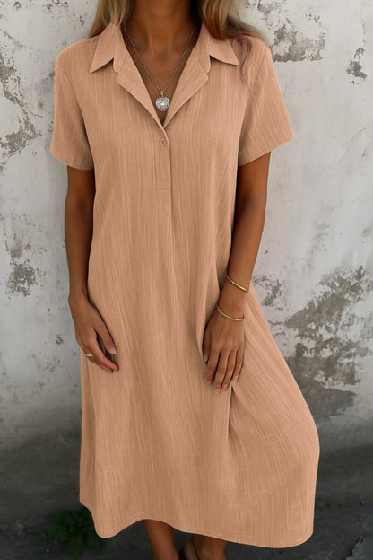 Loose-Fitting Short-Sleeved Cotton And Linen Shirt Dress