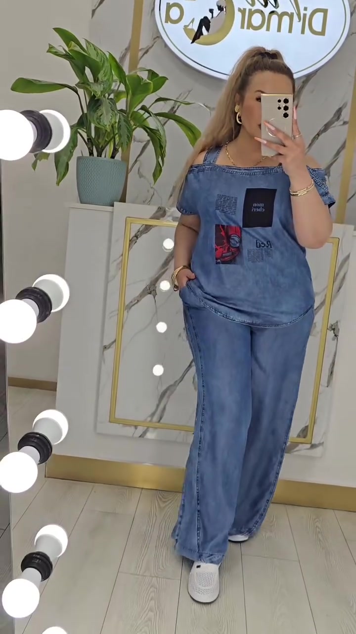Women's Fashion Off-Shoulder Printed Denim Two-Piece Set