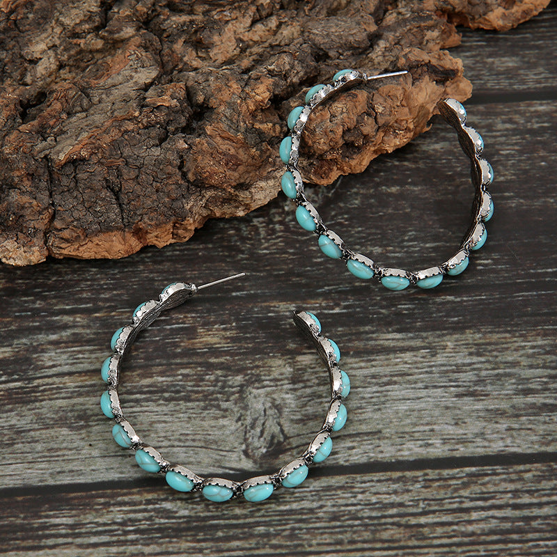 Retro Western Style Turquoise Big Circle C- Shaped Earrings