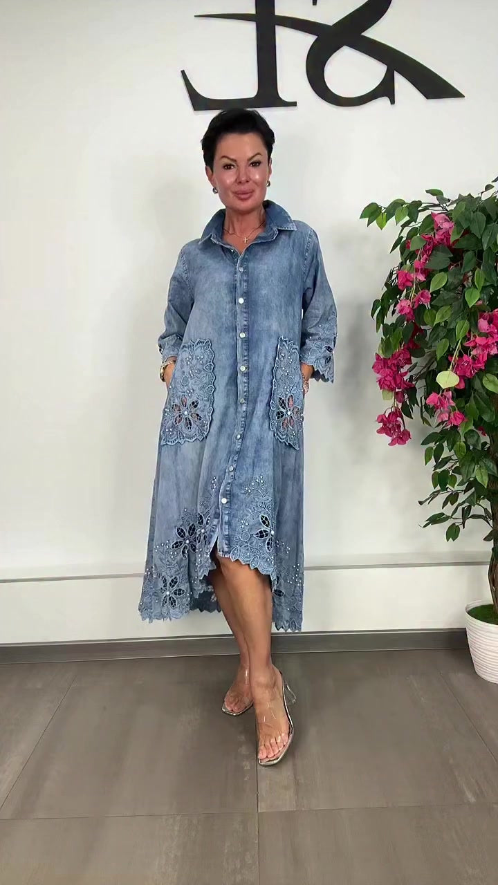 Women's Elegant Floral Cutout Denim Dress
