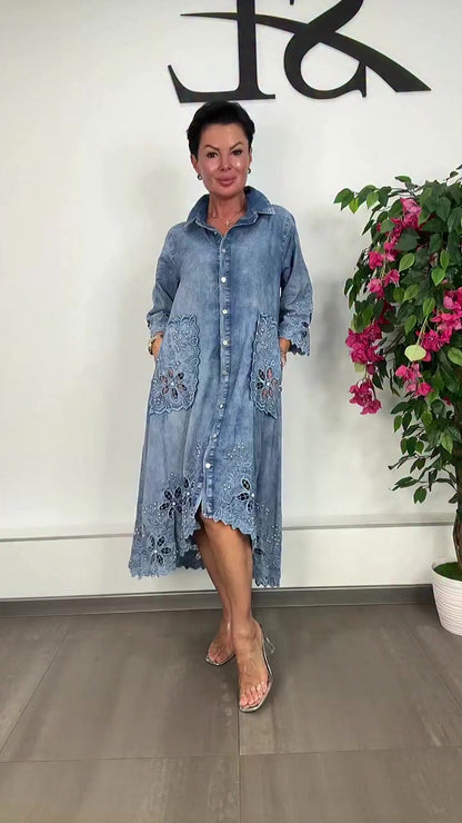 Women's Elegant Floral Cutout Denim Dress
