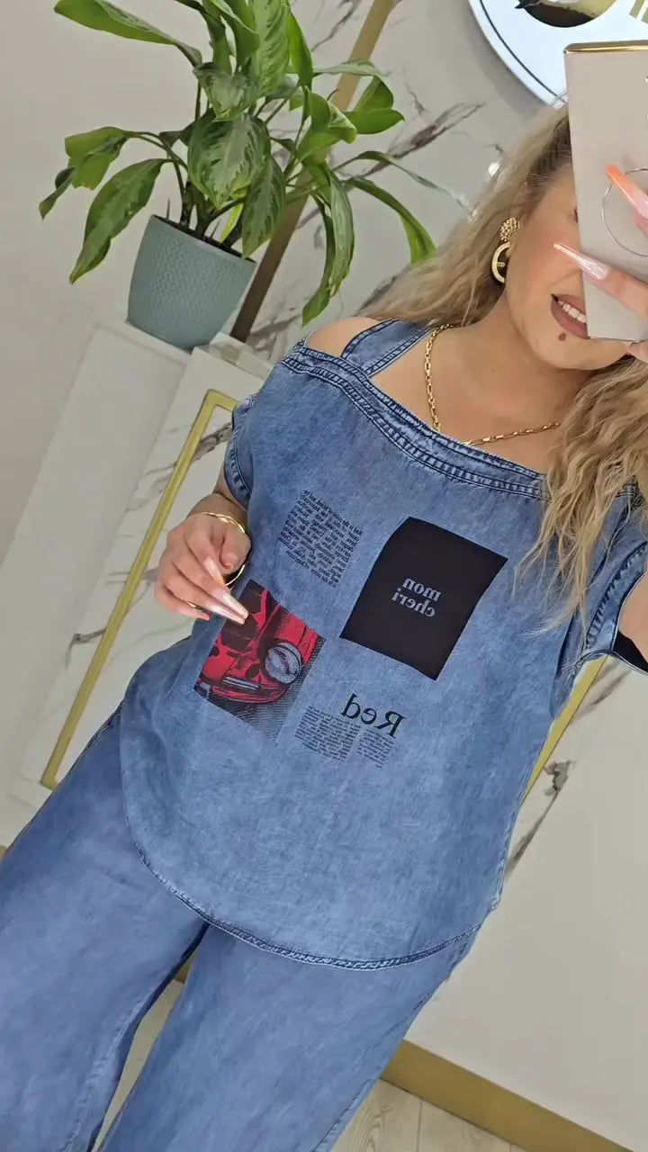 Women's Fashion Off-Shoulder Printed Denim Two-Piece Set