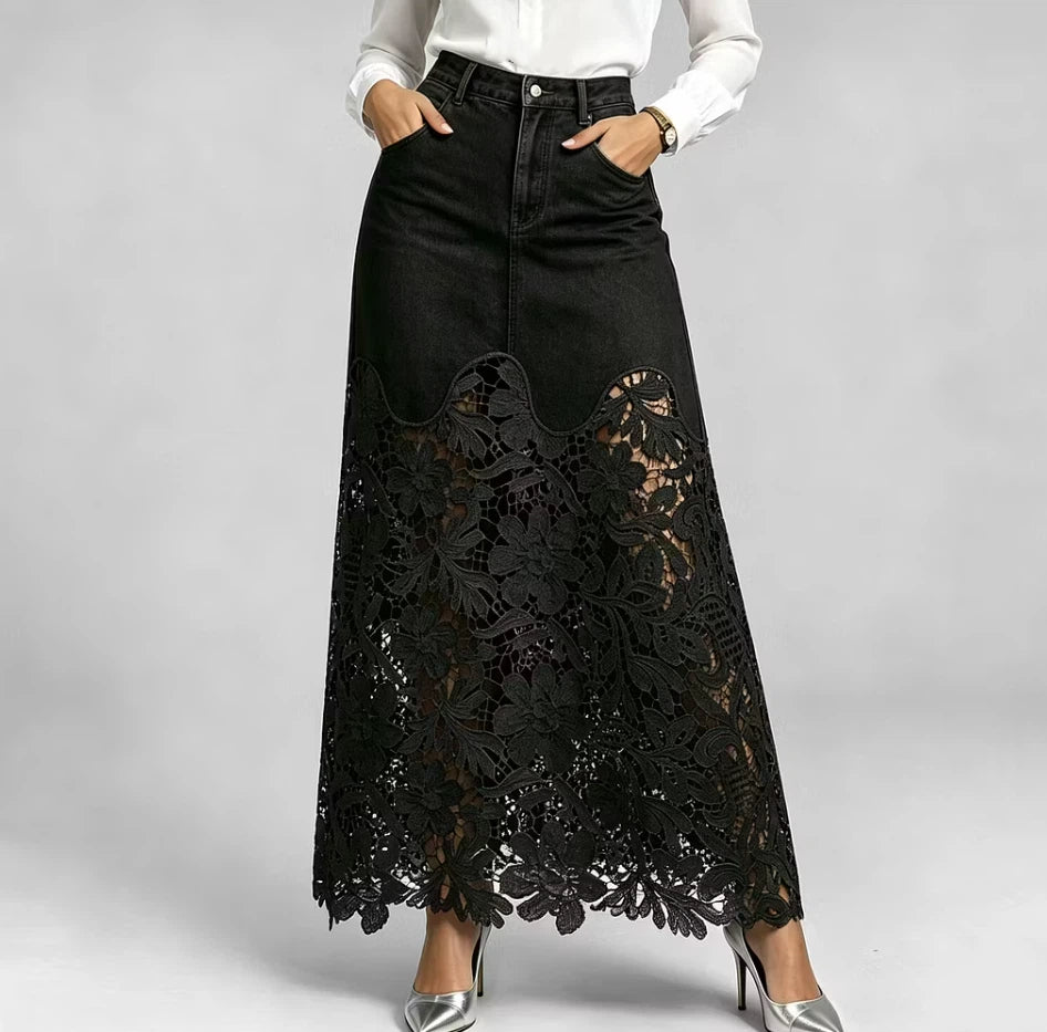 🌟Women's Cutout Openwork Lace Patchwork Pocket High Waisted Denim Maxi Skirt