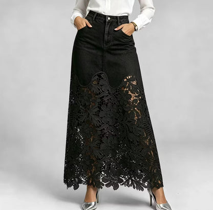 🌟Women's Cutout Openwork Lace Patchwork Pocket High Waisted Denim Maxi Skirt