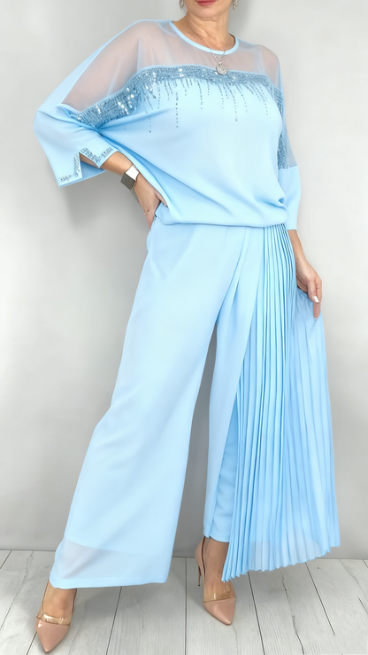Mesh-paneled round neck top + pleated wide-leg pants set