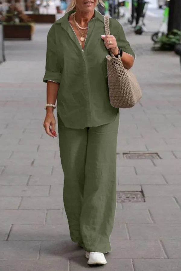 Solid Color Casual Long-sleeved Shirt and Elastic Waisted Loose Wide-leg Pants Set