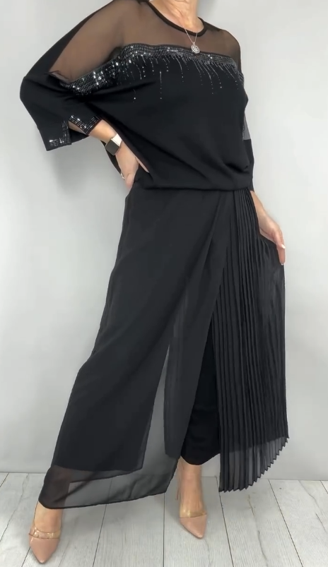Mesh-paneled round neck top + pleated wide-leg pants set