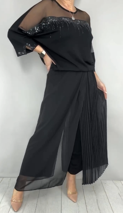 Mesh-paneled round neck top + pleated wide-leg pants set
