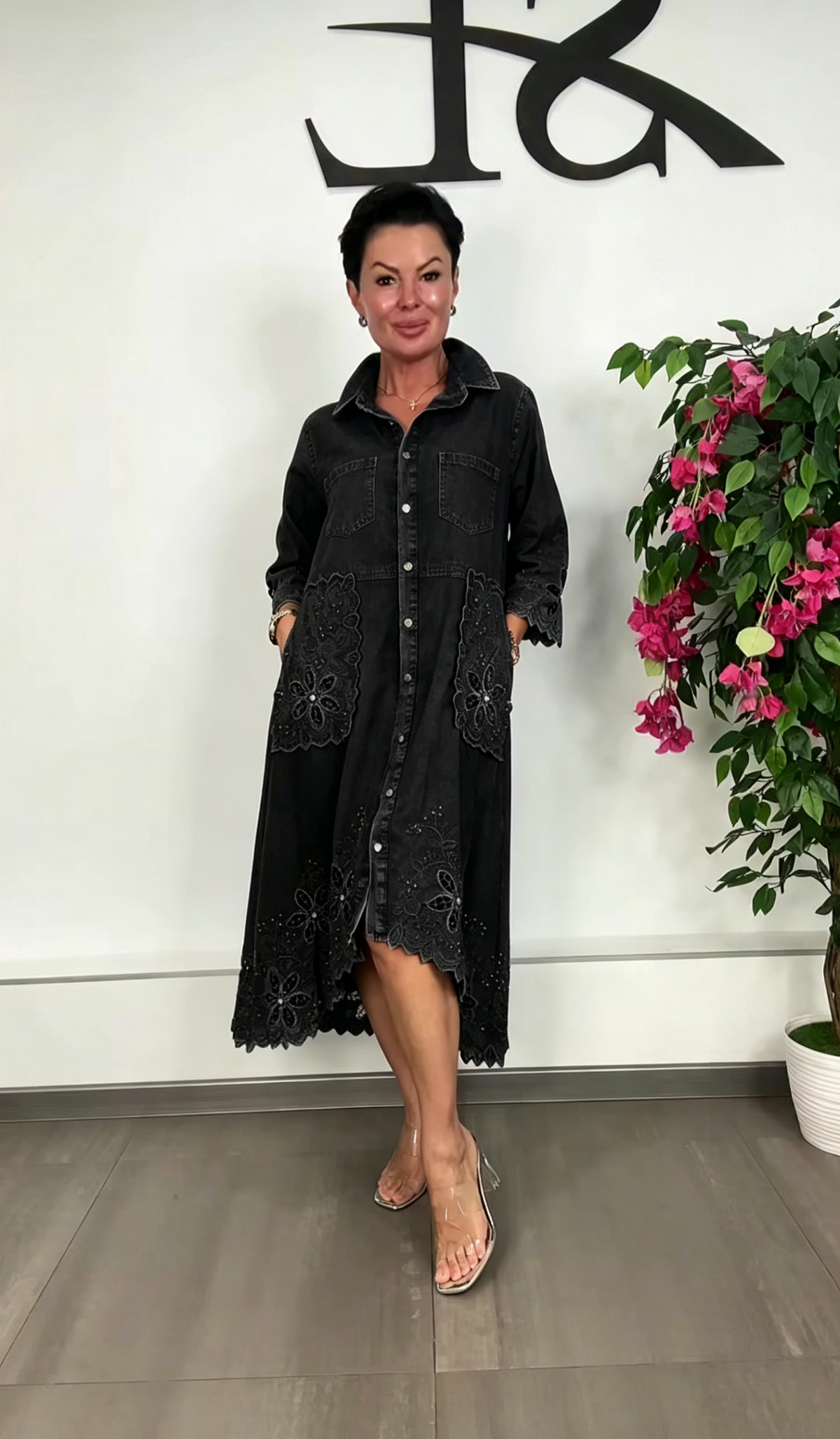 Women's Elegant Floral Cutout Denim Dress