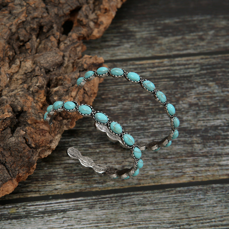 Retro Western Style Turquoise Big Circle C- Shaped Earrings