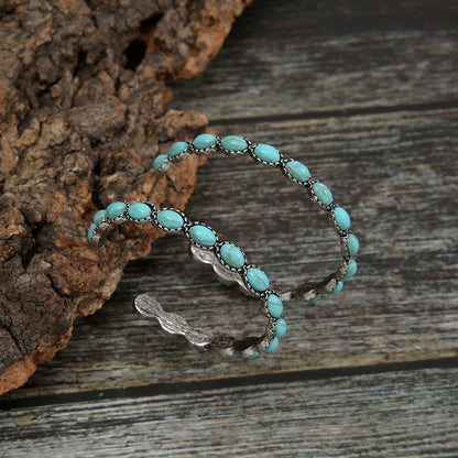 Retro Western Style Turquoise Big Circle C- Shaped Earrings
