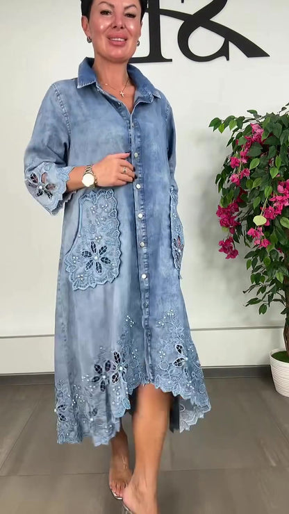 Women's Elegant Floral Cutout Denim Dress