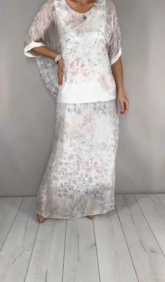 Speckle Print Sheer Half Sleeve Sequin Waist Two Piece Maxi Skirt Set