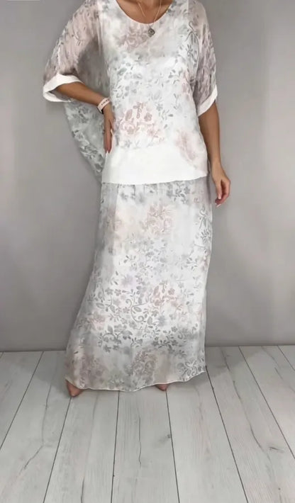 Speckle Print Sheer Half Sleeve Sequin Waist Two Piece Maxi Skirt Set