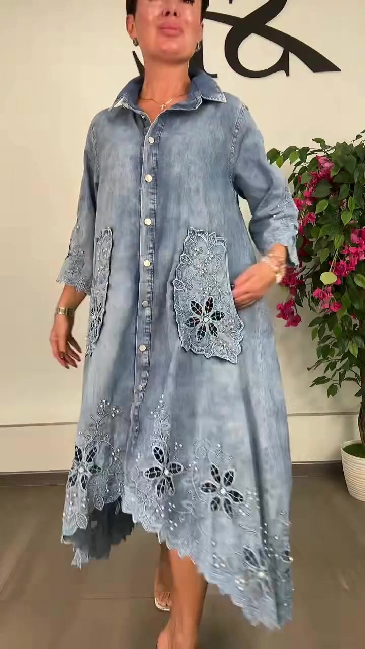 Women's Elegant Floral Cutout Denim Dress