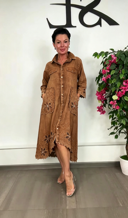 Women's Elegant Floral Cutout Denim Dress