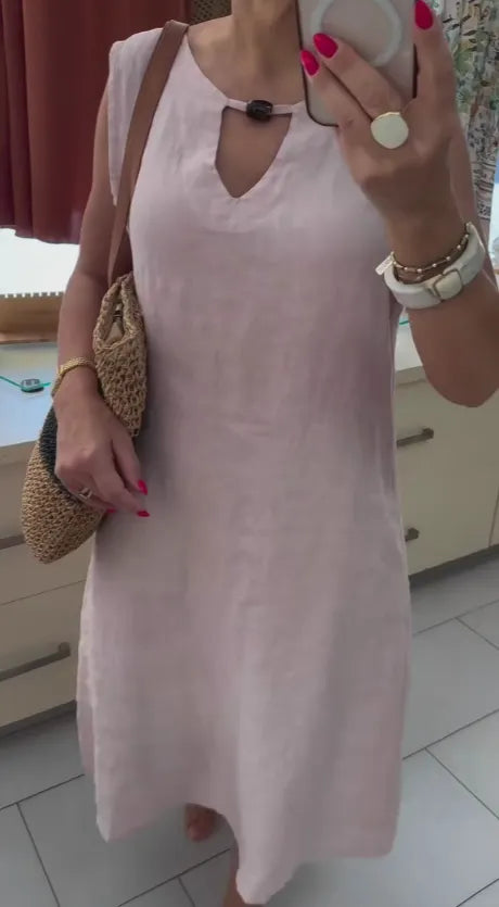 Loose-fit casual V-neck sleeveless midi linen dress