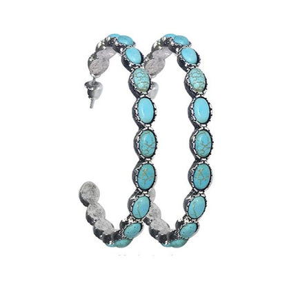Retro Western Style Turquoise Big Circle C- Shaped Earrings
