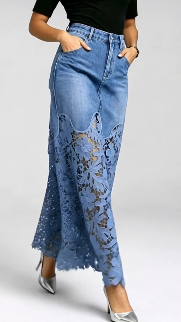 🌟Women's Cutout Openwork Lace Patchwork Pocket High Waisted Denim Maxi Skirt