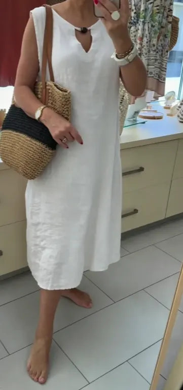 Loose-fit casual V-neck sleeveless midi linen dress