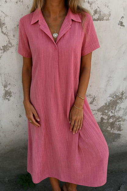 Loose-Fitting Short-Sleeved Cotton And Linen Shirt Dress