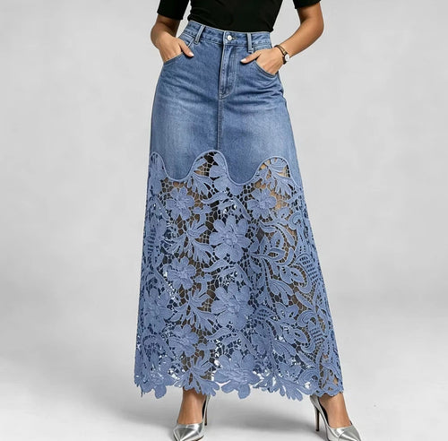 🌟Women's Cutout Openwork Lace Patchwork Pocket High Waisted Denim Maxi Skirt
