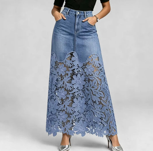🌟Women's Cutout Openwork Lace Patchwork Pocket High Waisted Denim Maxi Skirt