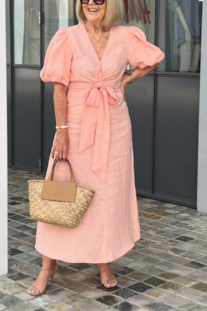 V-neck Tie-waist Puff Sleeve Cotton Dress