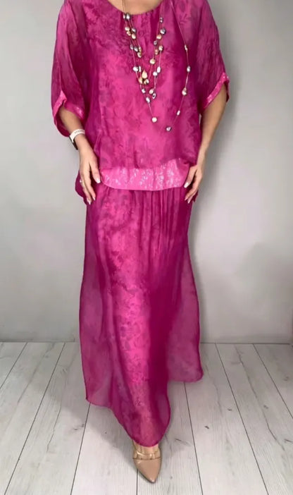 Speckle Print Sheer Half Sleeve Sequin Waist Two Piece Maxi Skirt Set