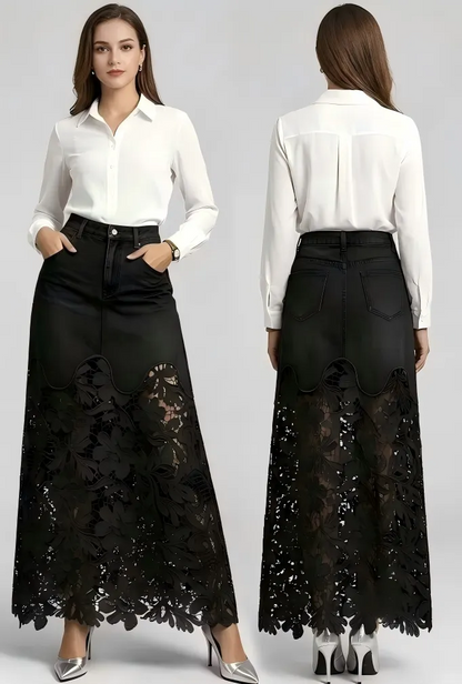🌟Women's Cutout Openwork Lace Patchwork Pocket High Waisted Denim Maxi Skirt