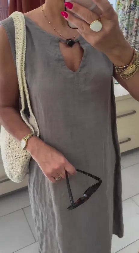 Loose-fit casual V-neck sleeveless midi linen dress