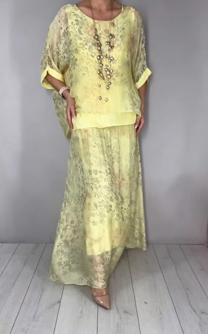 Speckle Print Sheer Half Sleeve Sequin Waist Two Piece Maxi Skirt Set
