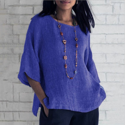 Women's Cotton Linen Three-quarter Sleeve Crew Neck Shirt