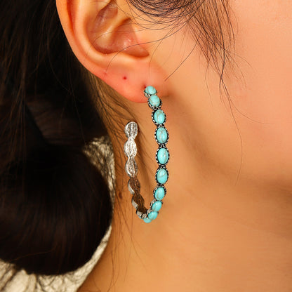Retro Western Style Turquoise Big Circle C- Shaped Earrings