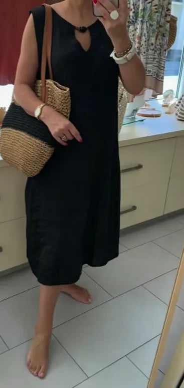 Loose-fit casual V-neck sleeveless midi linen dress
